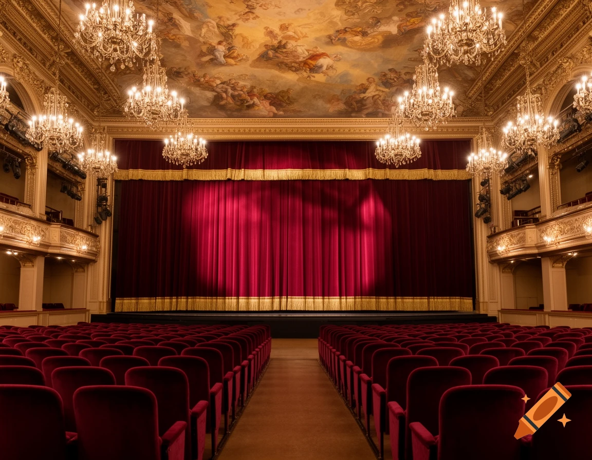 An opulent empty theater with rows of red velvet seats, a grand stage with red curtains, ornate chandeliers, and a detailed painted ceiling.