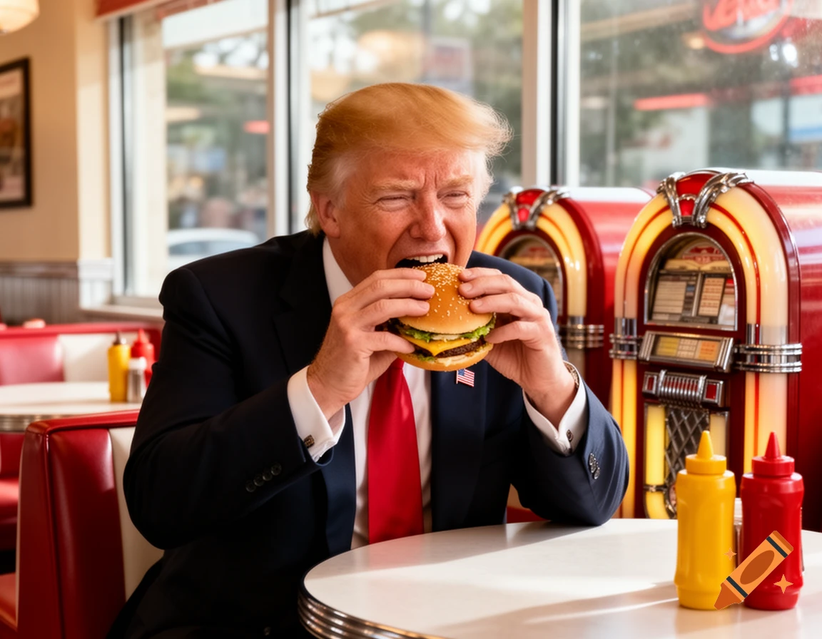 Donald Trump, dressed in a suit, eagerly eats a burger in a retro diner, with jukeboxes behind him.