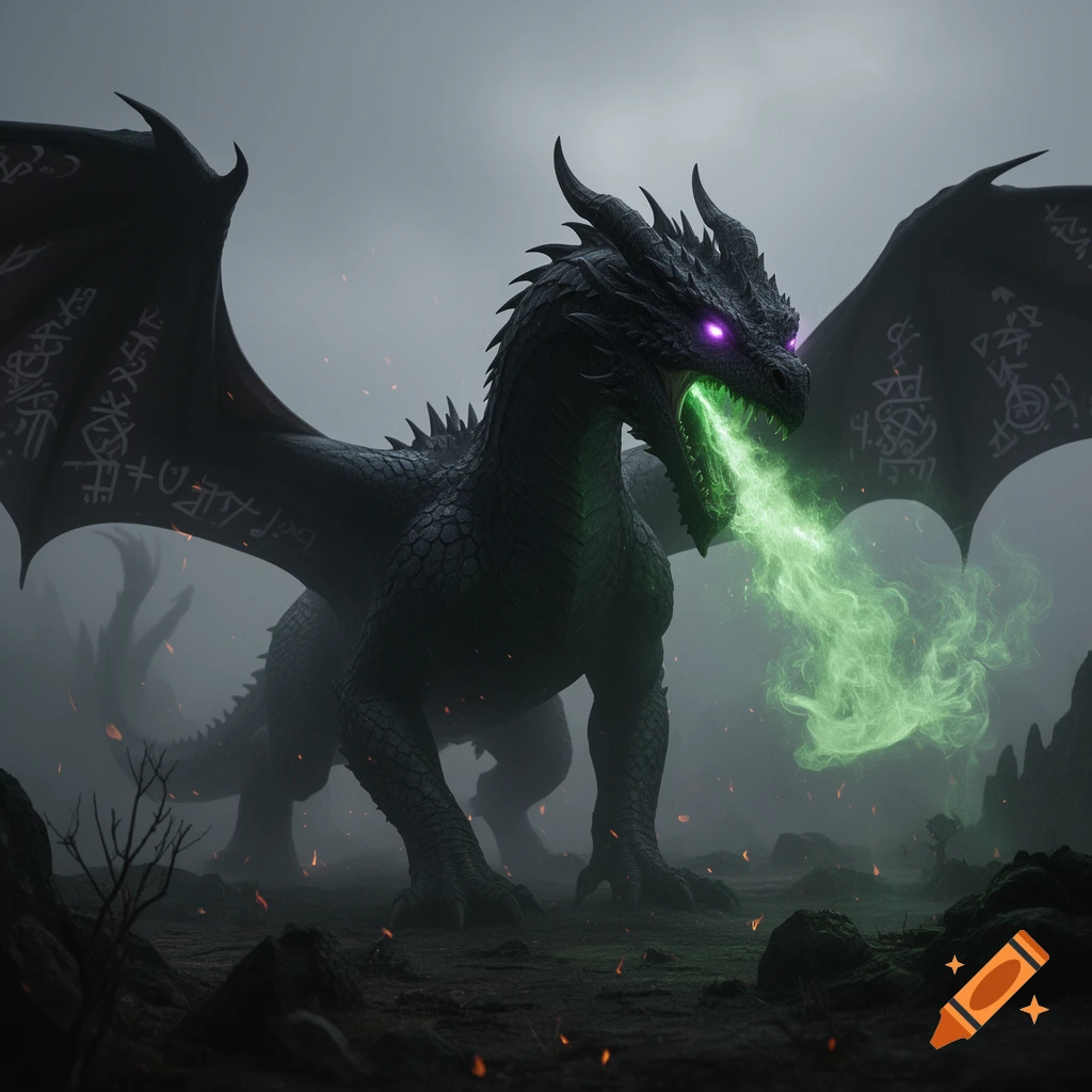 A black dragon with glowing purple eyes spits vibrant green fire in a ...