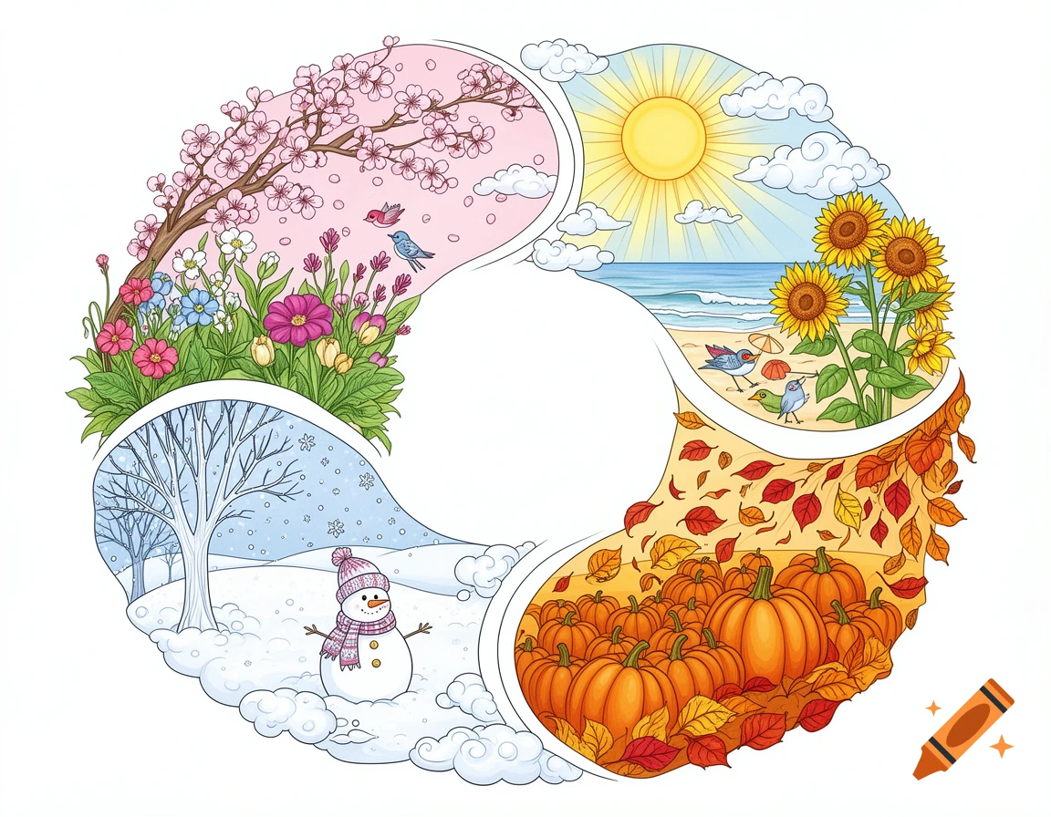 A circular illustration depicting the four seasons: spring flowers, summer beach, autumn pumpkins, and winter snowman.