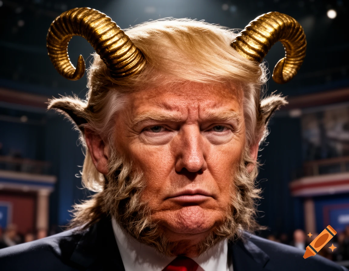 Photorealistic portrait of Donald Trump depicted as a beast with golden ram horns, pointy ears, and hairy sideburns.