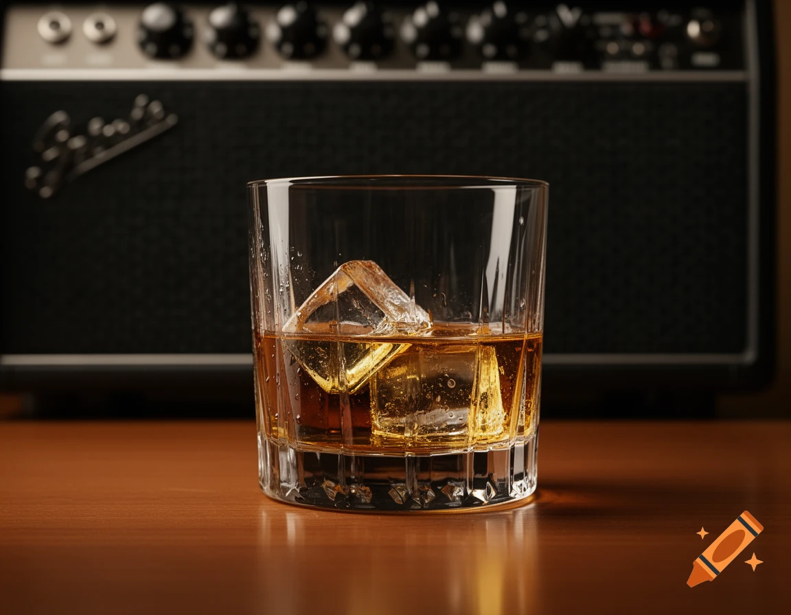 A glass of whiskey with ice cubes on a wooden table, with a blurred guitar amplifier in the background.