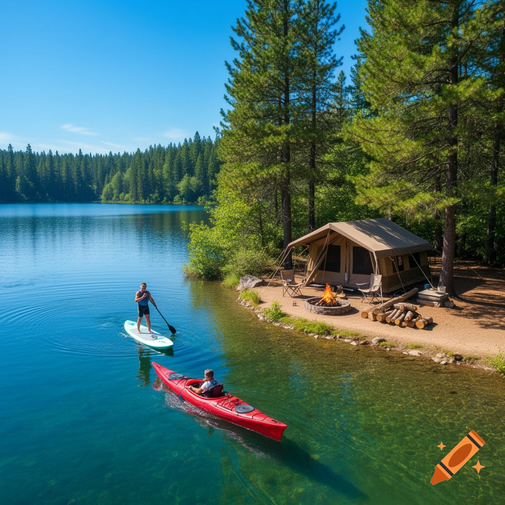 A person paddleboards and another kayaks on a clear lake next to a glamping tent with a campfire on the shore, surrounded by a forest.