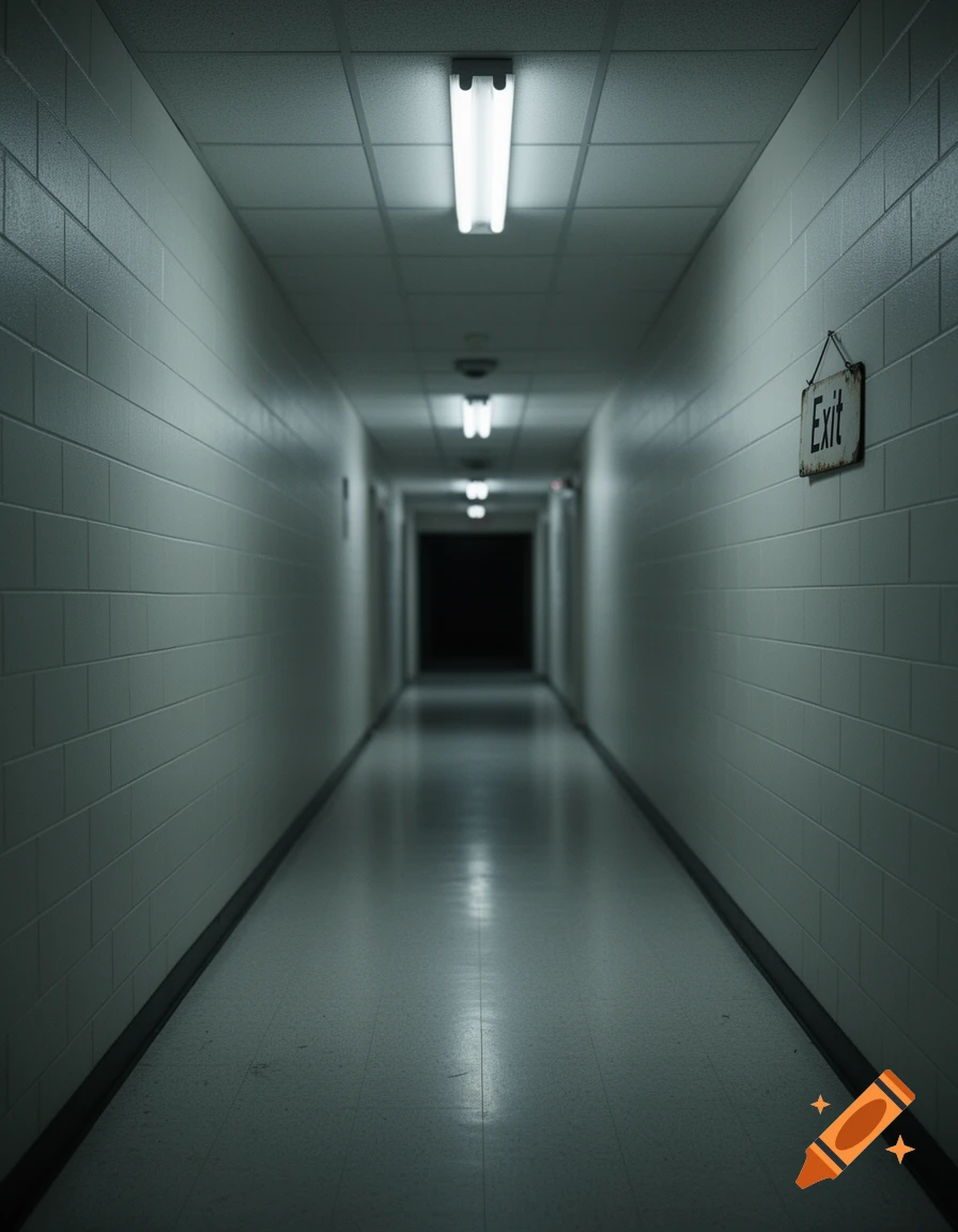 A long, dimly lit corridor with white tiled walls, fluorescent lights on the ceiling, and an 'Exit' sign on the right, leading into darkness.