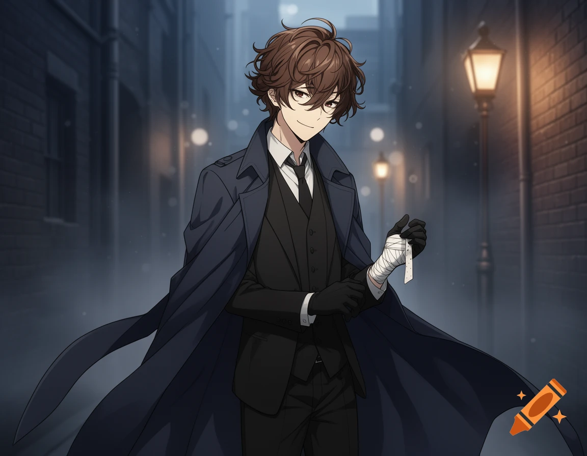 An anime male character with brown wavy hair, glasses, and a dark trench coat stands in a dimly lit alley. He wears gloves and has a bandaged wrist.
