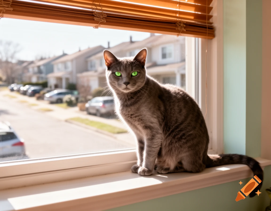 A gray tabby cat with bright green eyes sits on a sunlit windowsill, looking out at a suburban street.