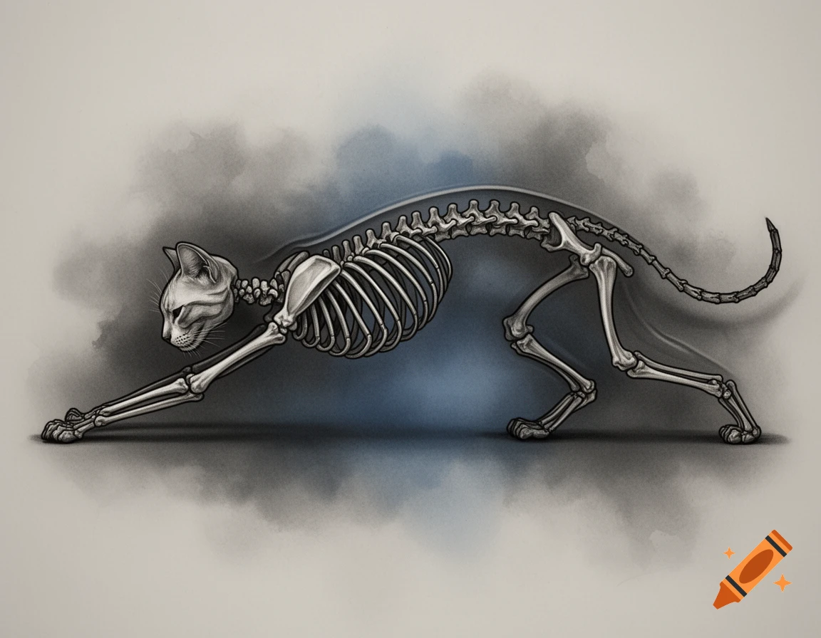 A stylized illustration of a cat skeleton in a stretched, elegant pose.