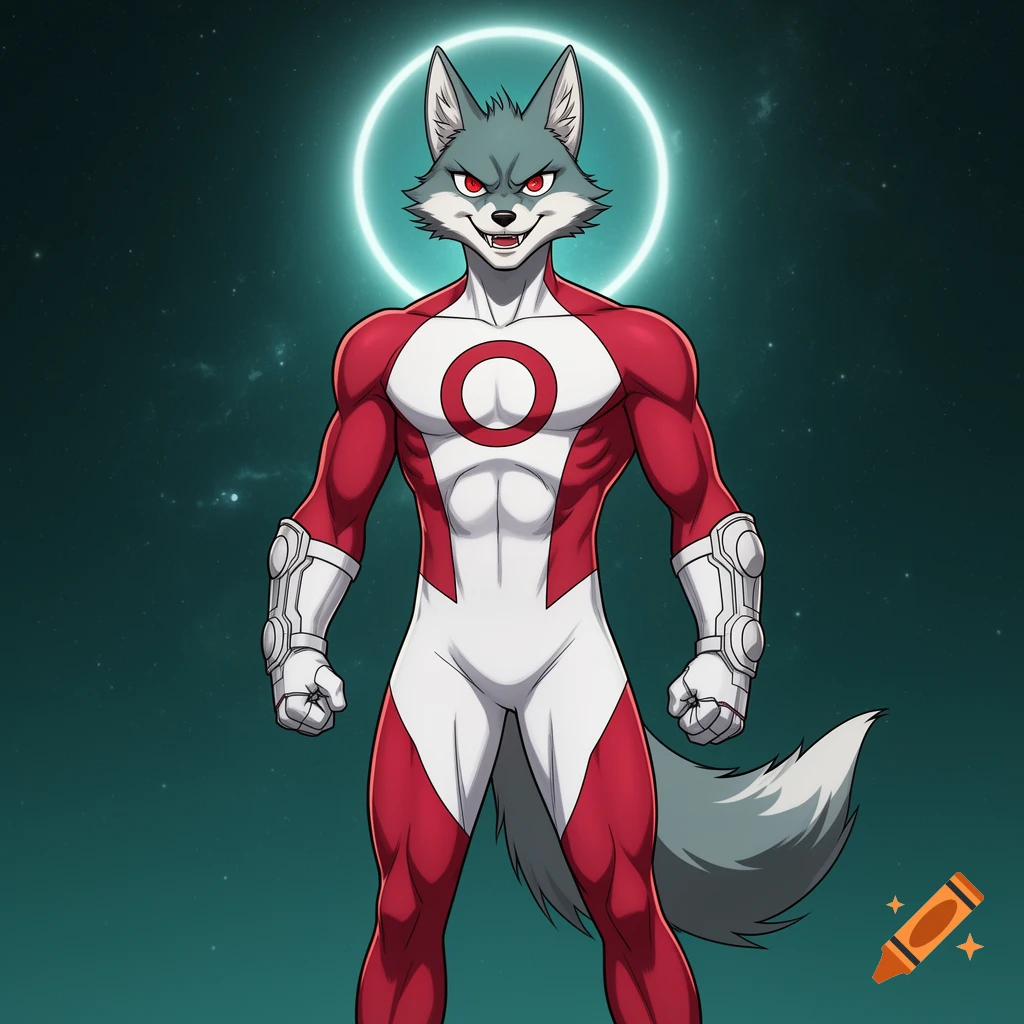 An anthropomorphic wolf in a red and white superhero costume with a circle emblem, standing against a dark cosmic background with a glowing halo.