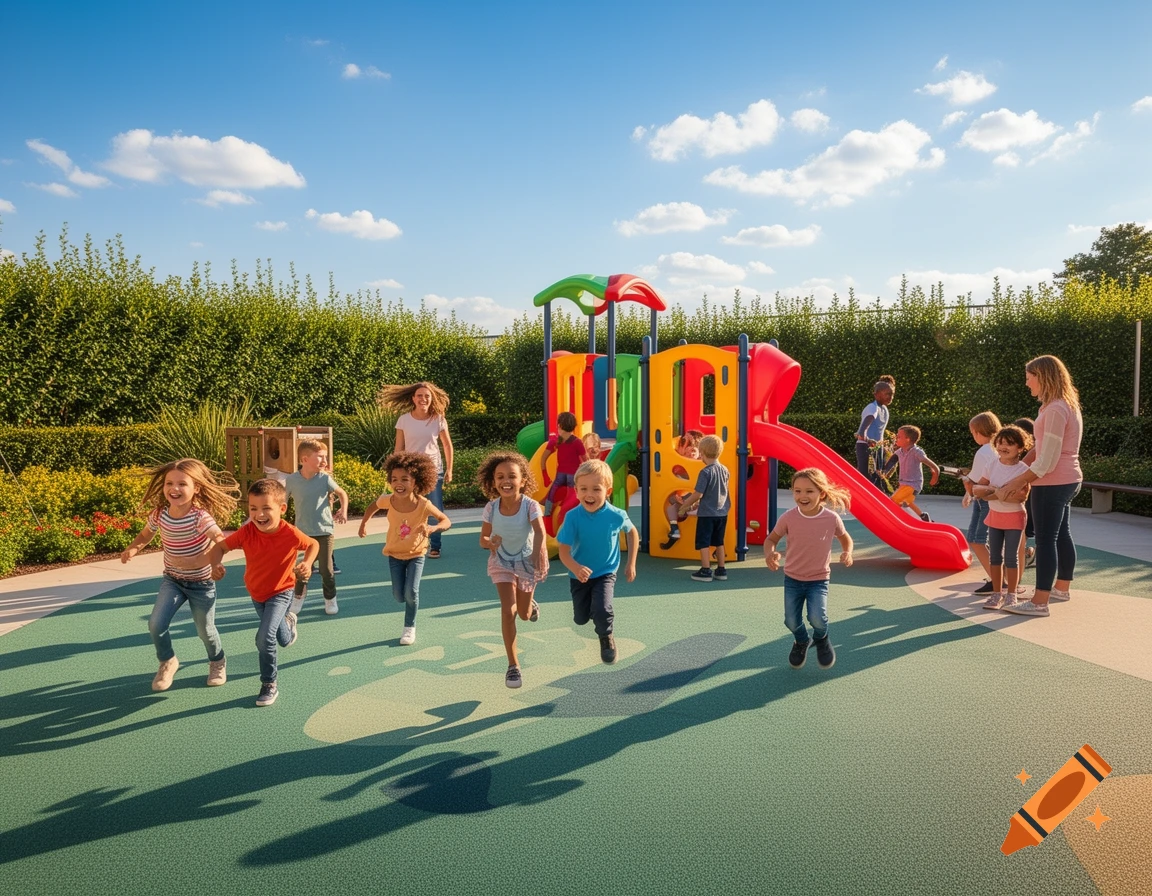 A group of happy children run on a green playground with colorful equipment under a sunny blue sky, with adults supervising.