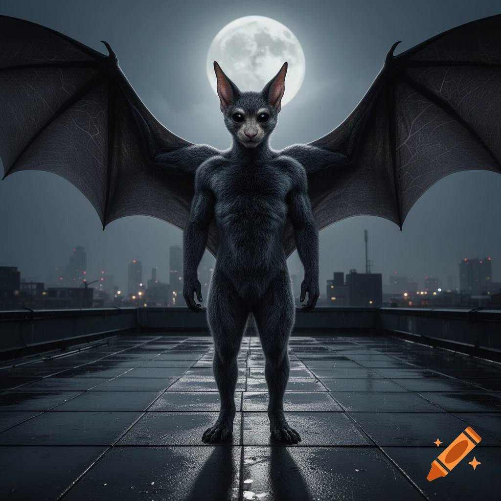A muscular, furry, bipedal bat-creature with large wings stands on a wet rooftop at night, under a full moon, with a city skyline behind it.
