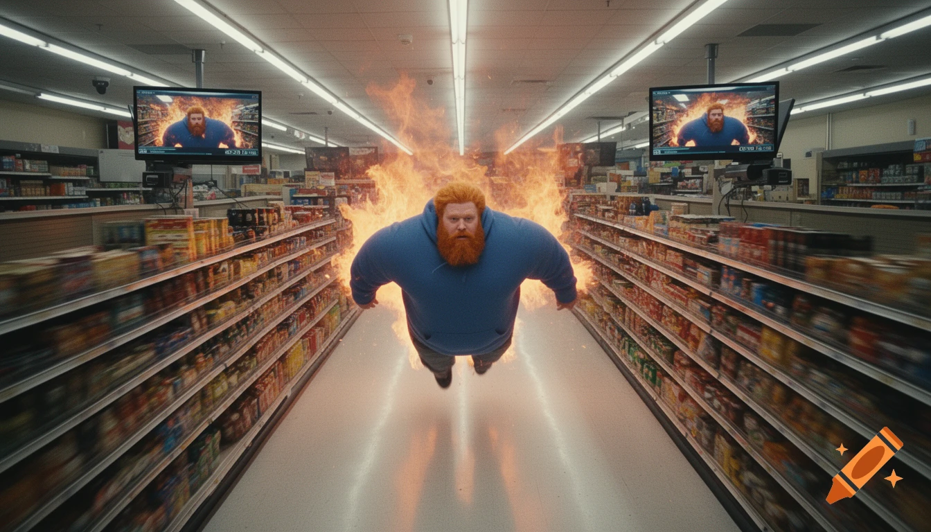 An obese man with a ginger beard, wearing a blue hoodie, flies rapidly down a supermarket aisle, engulfed in flames, while CCTV monitors display his image.