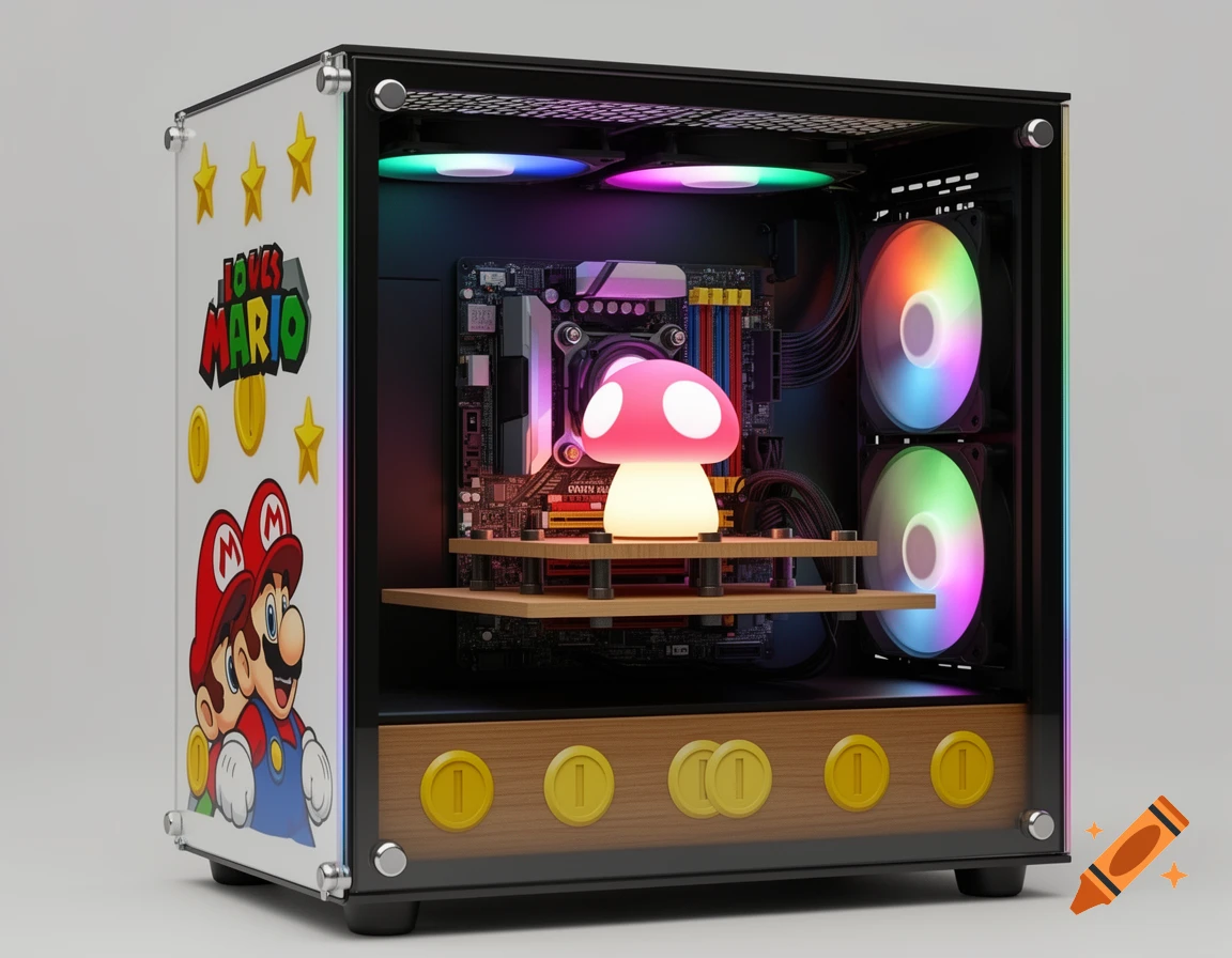 A custom-built Super Mario themed computer case with RGB fans, a glowing mushroom lamp inside, and Mario characters and logo on the side.