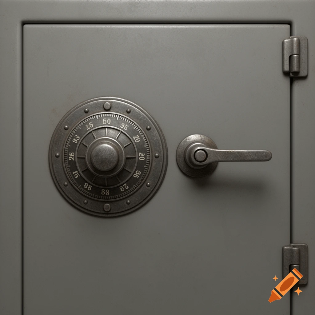 Close-up photorealistic shot of a vintage gray safe door with a rotary combination dial and a lever handle.