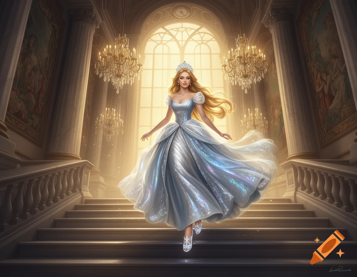 A princess in a shimmering blue gown descends a grand staircase in a lavish ballroom with chandeliers and glowing windows.