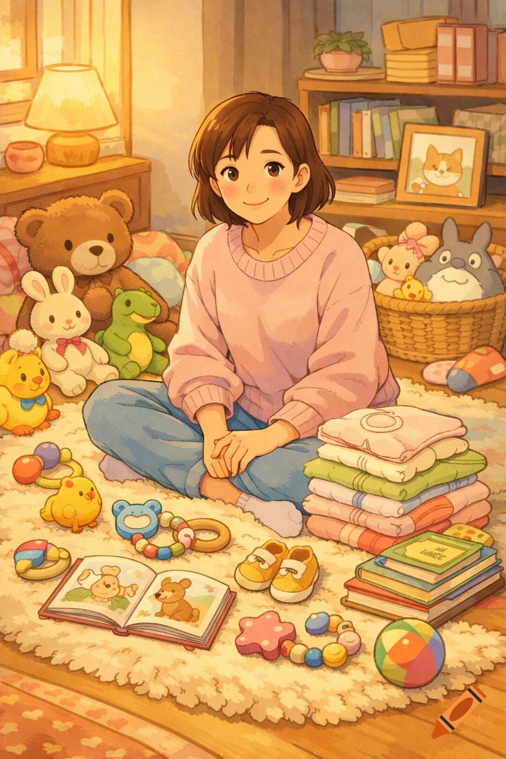 Cheerful woman on a fluffy rug, surrounded by toys, plush animals, and baby clothes in a cozy, Ghibli-style room.