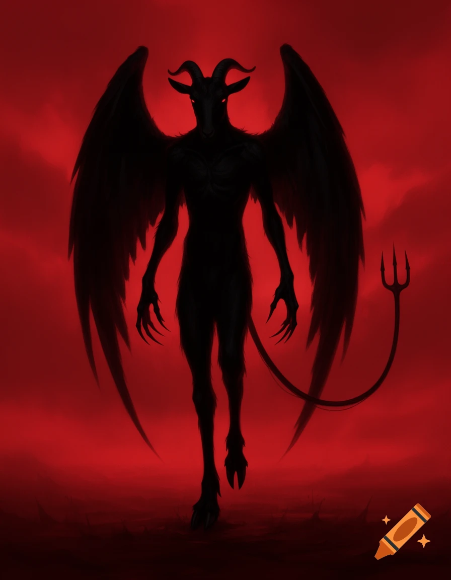 A tall, shadowy, demonic figure with a goat's head, wings, long claws, and cloven hooves, holding a trident-tipped tail, stands in a scarlet void.