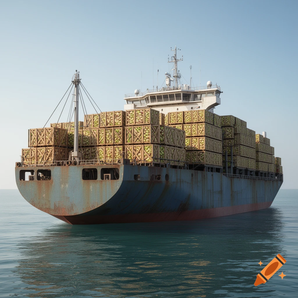 A photorealistic cargo ship, loaded with wooden crates of green produce, floats on calm blue water under a clear sky.