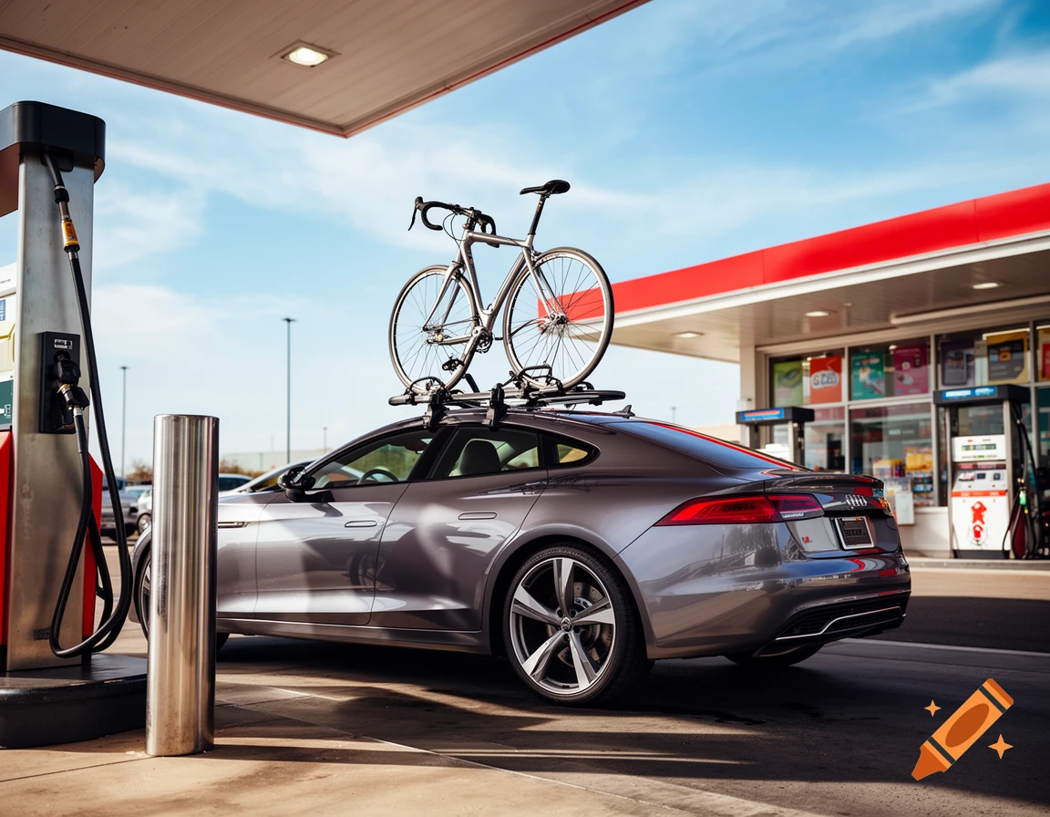 A gray car with a road bike on its roof rack refuels at a sunny gas station.