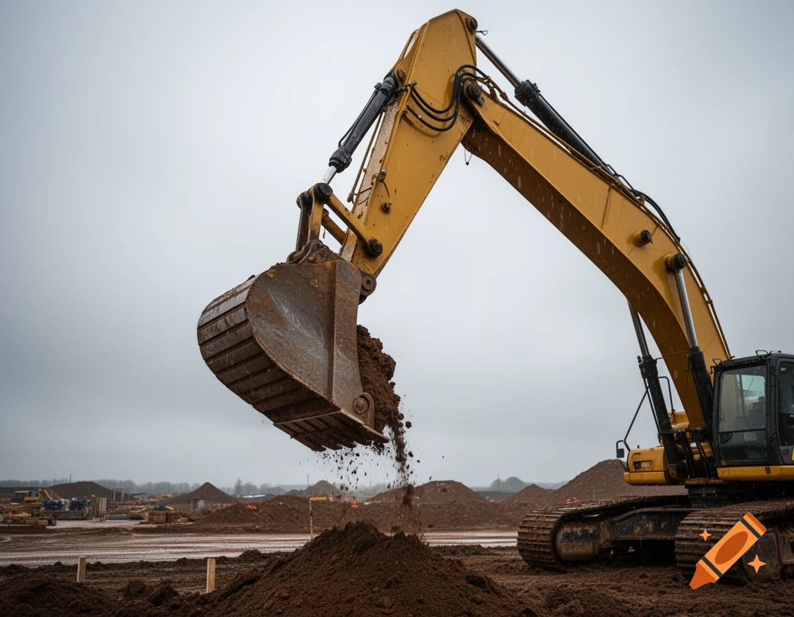 A large yellow excavator drops a scoop of dirt onto a pile at a construction site under a gray sky.