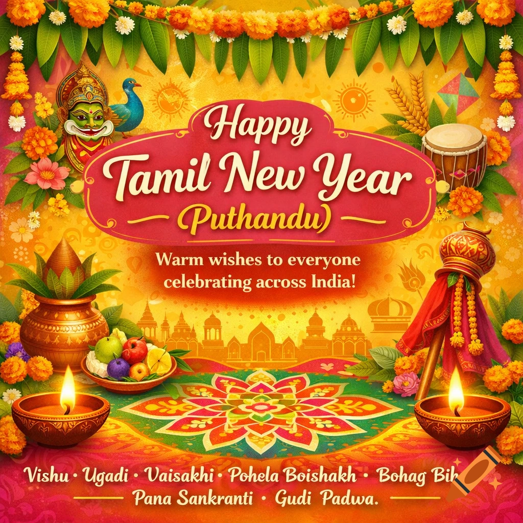 A vibrant greeting card for Happy Tamil New Year (Puthandu) with warm wishes. Features traditional Indian motifs, marigold flowers, mango leaves, diyas, a kalash, and lists other New Year festivals.