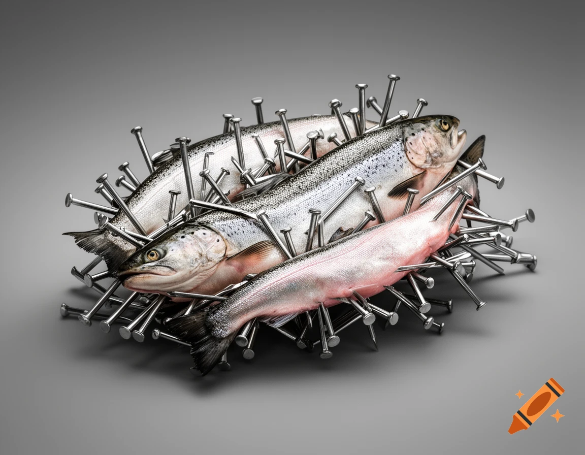Photorealistic image of three salmon arranged on a bed of metal nails against a grey background.