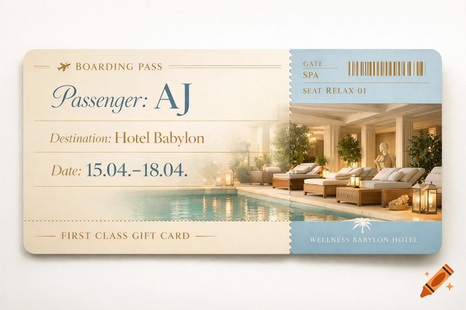 Elegant boarding pass style gift card for Hotel Babylon, featuring a tranquil spa pool and lounge area, with text details for passenger AJ and dates 15.04.-18.04.