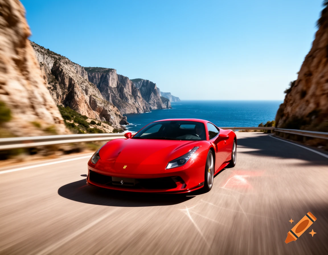 A bright red Ferrari sports car drives quickly on a winding coastal road with cliffs and a blue ocean under a clear sky. Photorealistic.