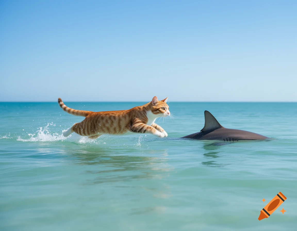 An orange and white tabby cat leaps through turquoise ocean water next to a shark fin, under a clear blue sky.