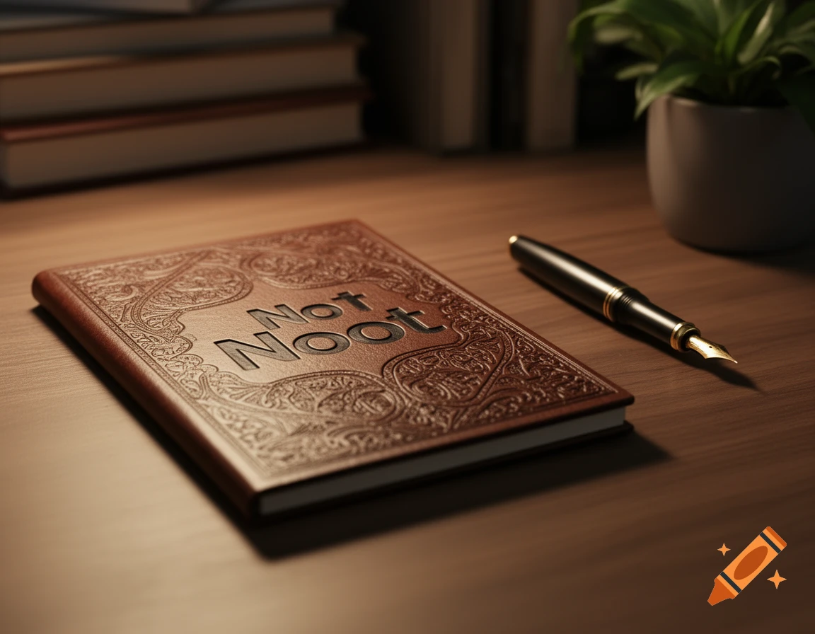 A brown leather journal with 'Not Noot' embossed on its cover rests on a wooden desk, alongside a black and gold fountain pen.