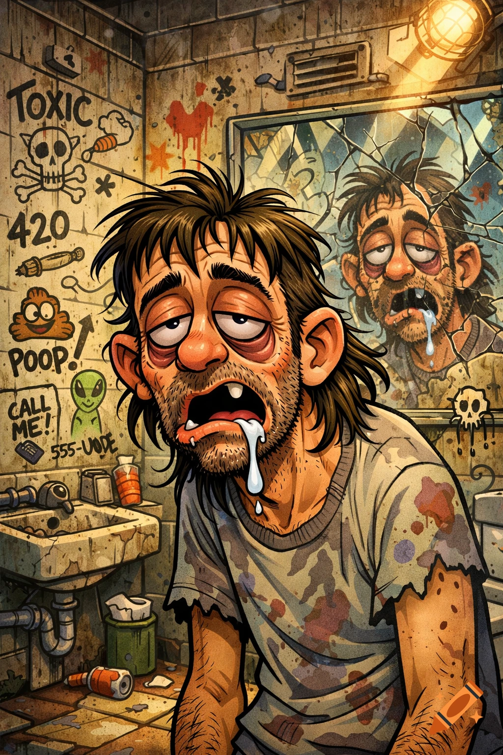 A cartoon of a disheveled, drooling man with big eye bags and messy hair looking at his reflection in a cracked mirror in a graffiti-filled, grimy bathroom.
