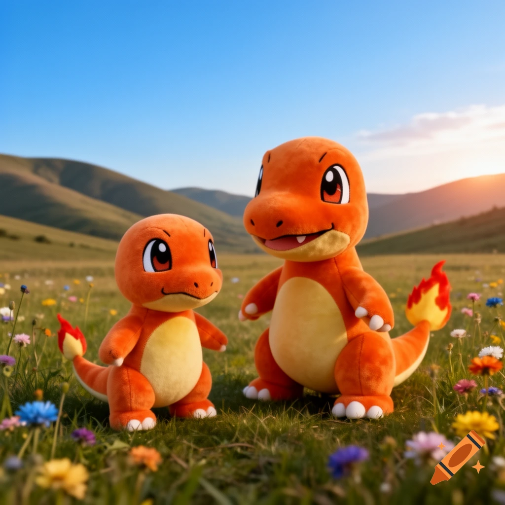 Two orange Charmander plush toys stand in a vibrant green meadow filled with colorful wildflowers under a blue sky with hills in the background.