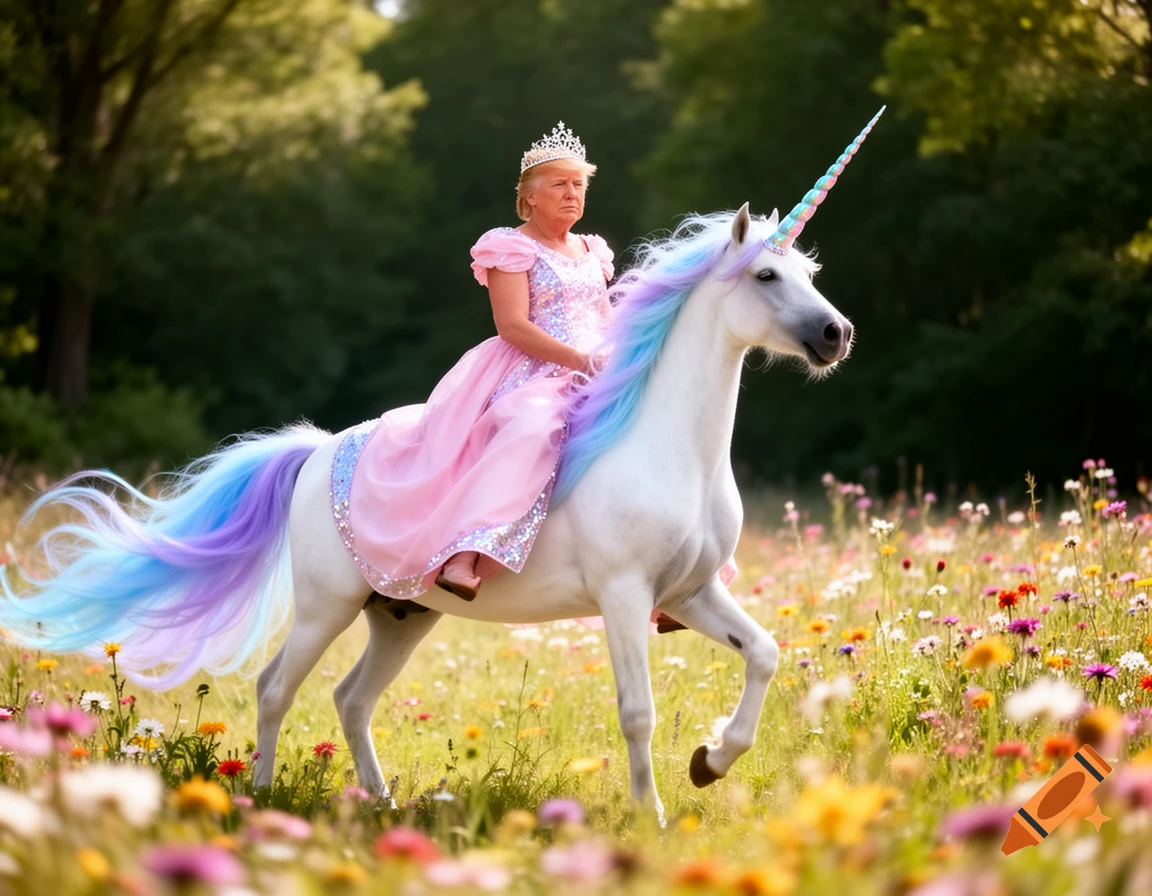Donald Trump in a sparkly pink princess dress and crown, riding a white unicorn with a rainbow mane and tail through a colorful wildflower field.
