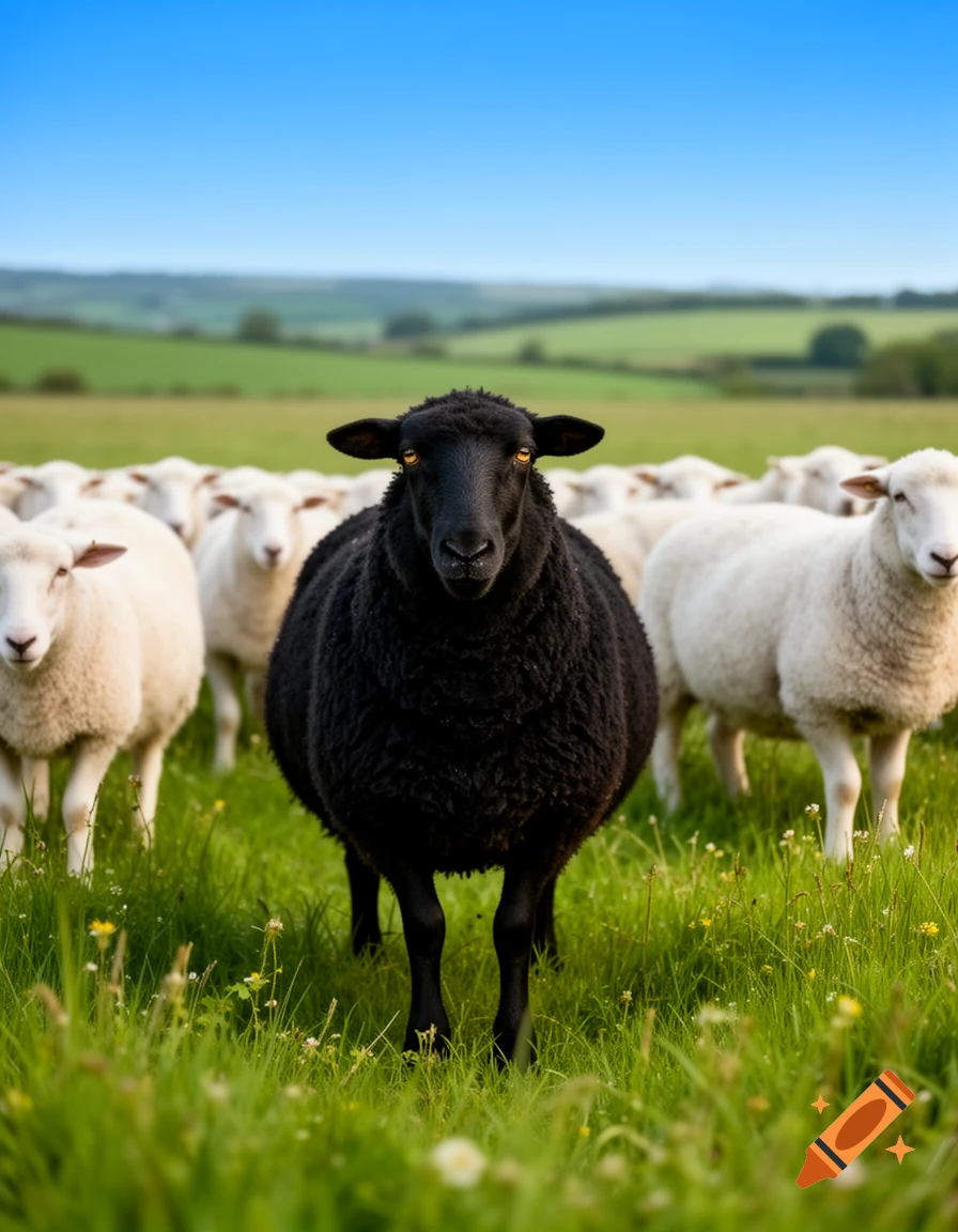 A photorealistic black sheep stands in a green field, looking forward, surrounded by white sheep under a clear blue sky.