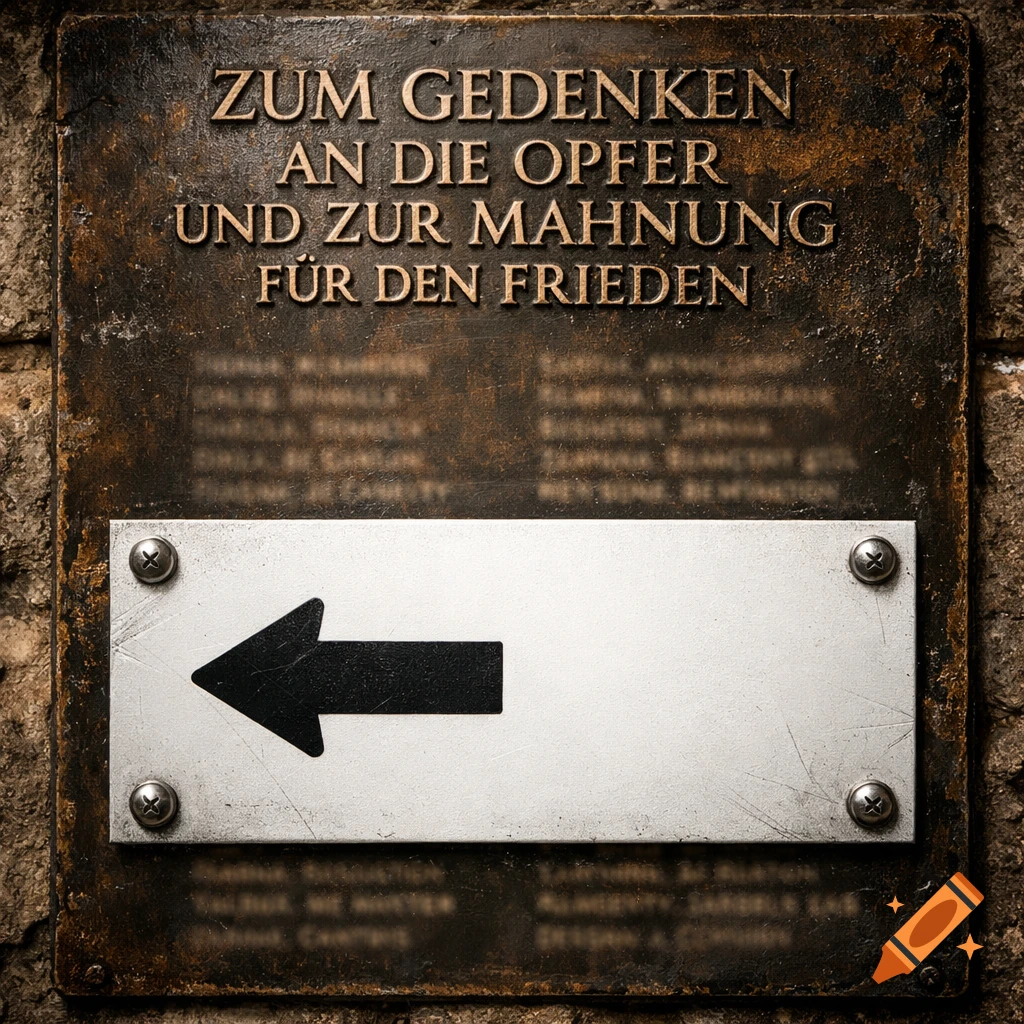Weathered bronze memorial plaque with German text on a stone wall, partially covered by a modern white sign with a black arrow pointing left.