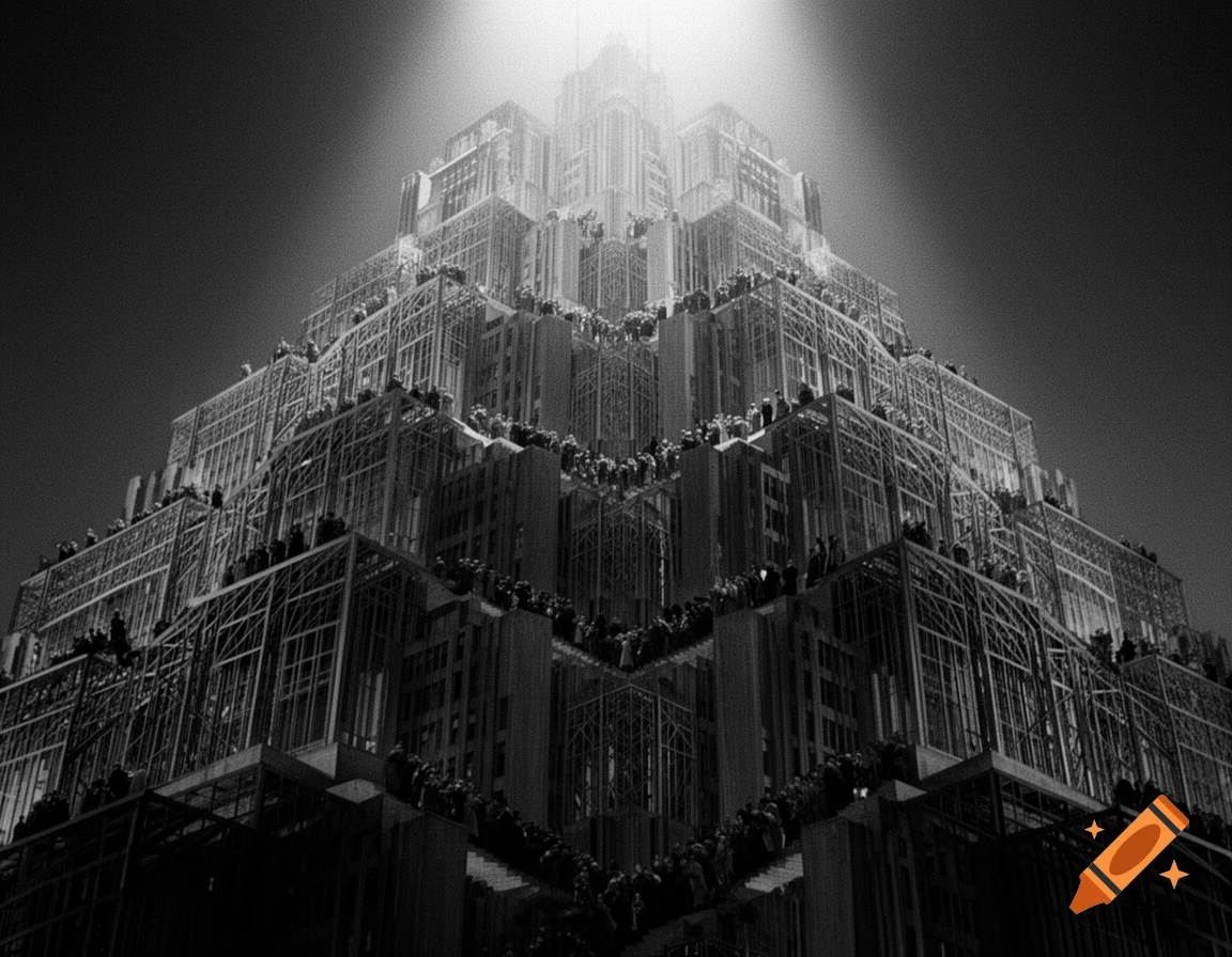 A grand, pyramidal city of palaces in black and white, with countless tiny figures climbing its tiered levels towards a bright light at the summit.