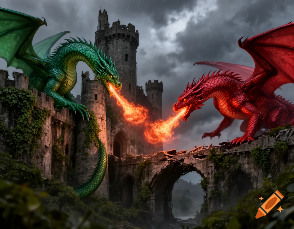 A green dragon and a red dragon breathe fire at each other across a ruined castle under a stormy sky in a realistic style.