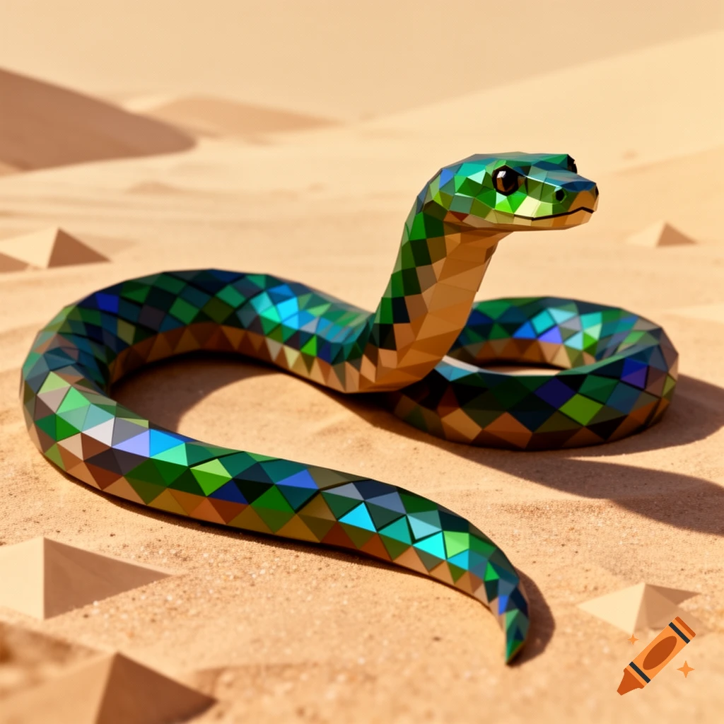 A vibrant green and blue geometric snake with a blocky, low-polygon style slithers across a sandy desert floor with small pyramids.
