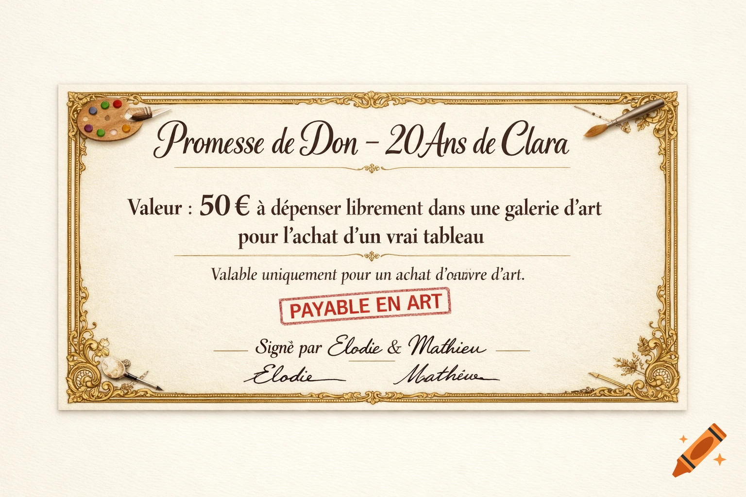 A vintage-style art gift certificate for 50 V-shaped opening towards the viewer. The woman's face is obscured by shadows and her long hair falls over her shoulders. The scene has a dramatic and intimate feel.