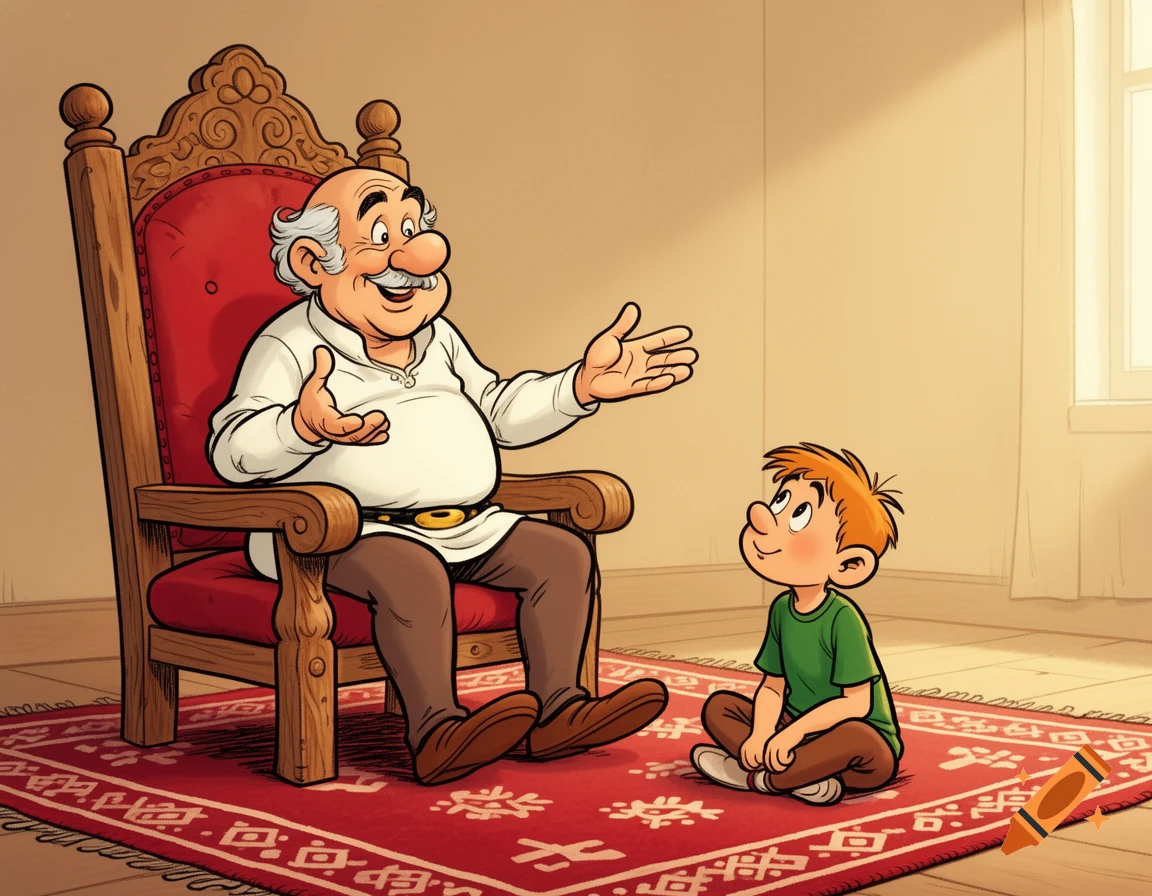 A cartoon shows a grandfather seated in a red ornate chair, gesturing as he talks to his young grandson sitting cross-legged on a patterned red rug.