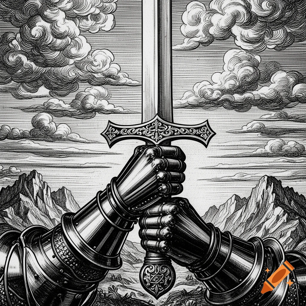 Two armored knight hands hold a sword pointing upwards, in a detailed woodcut engraving style with clouds and mountains in the background.