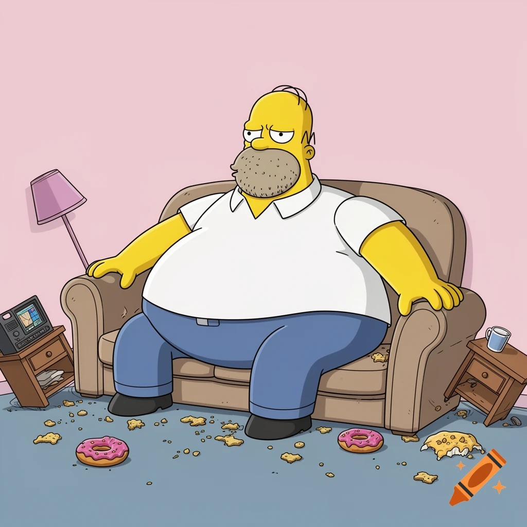 An obese Homer Simpson sits on a couch surrounded by donuts and crumbs in a cartoon style illustration.