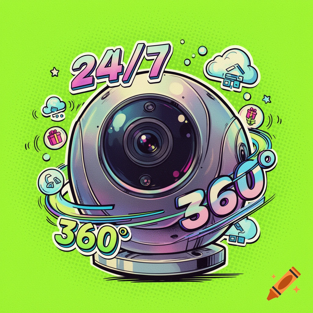 Cartoon-style fisheye IP camera with '24/7' and '360°' text, cloud, and gift icons on a neon green background.