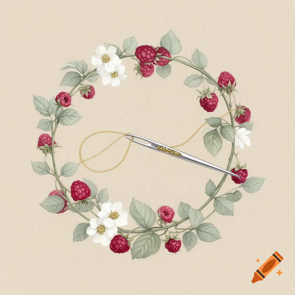 Watercolor illustration of a sewing needle threaded with gold, encircled by a wreath of raspberry branches and white flowers.