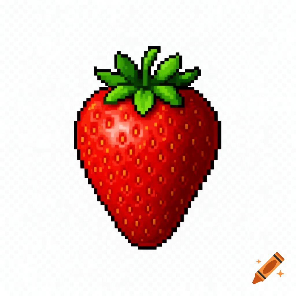 A pixel art illustration of a ripe red strawberry with a green stem on a transparent background.