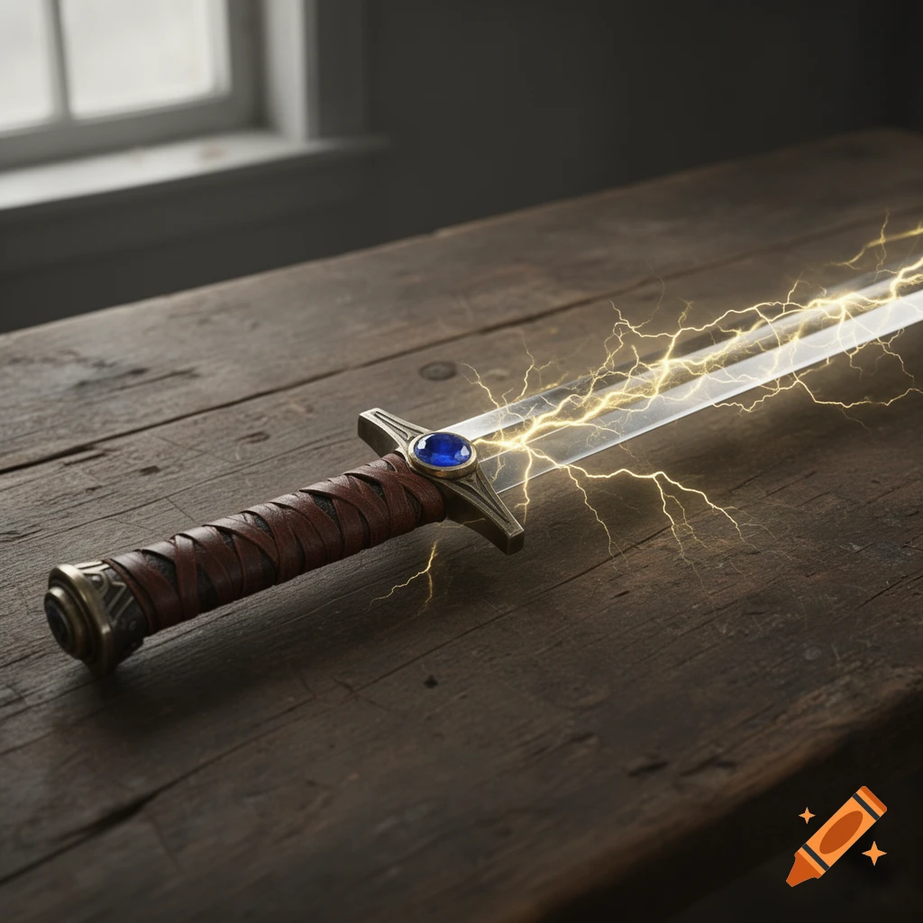 A fantasy sword with a leather-wrapped handle, a blue sapphire on the pommel, and glowing yellow lightning crackling along its blade, resting on a wooden table.