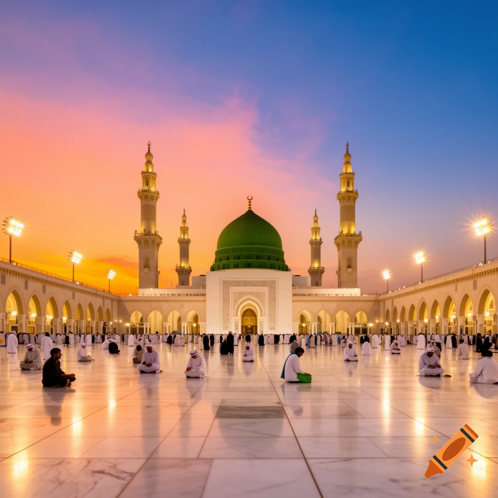 A grand mosque with a green dome and minarets at sunset, with people praying on a white marble courtyard.