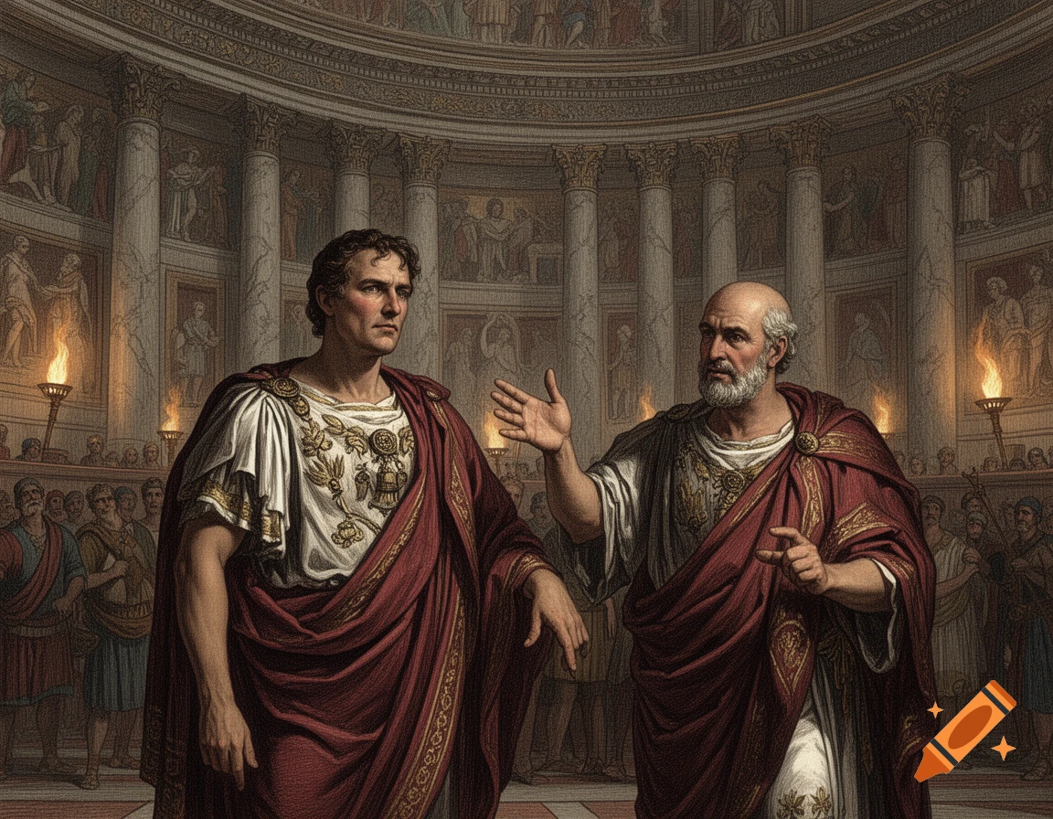 Two Roman men in togas, likely Antony and Cicero, discussing in a grand, frescoed hall with columns and torchlight.