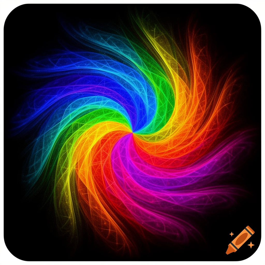 A vibrant kaleidoscopic rainbow swirl fans out from the center on a black background.