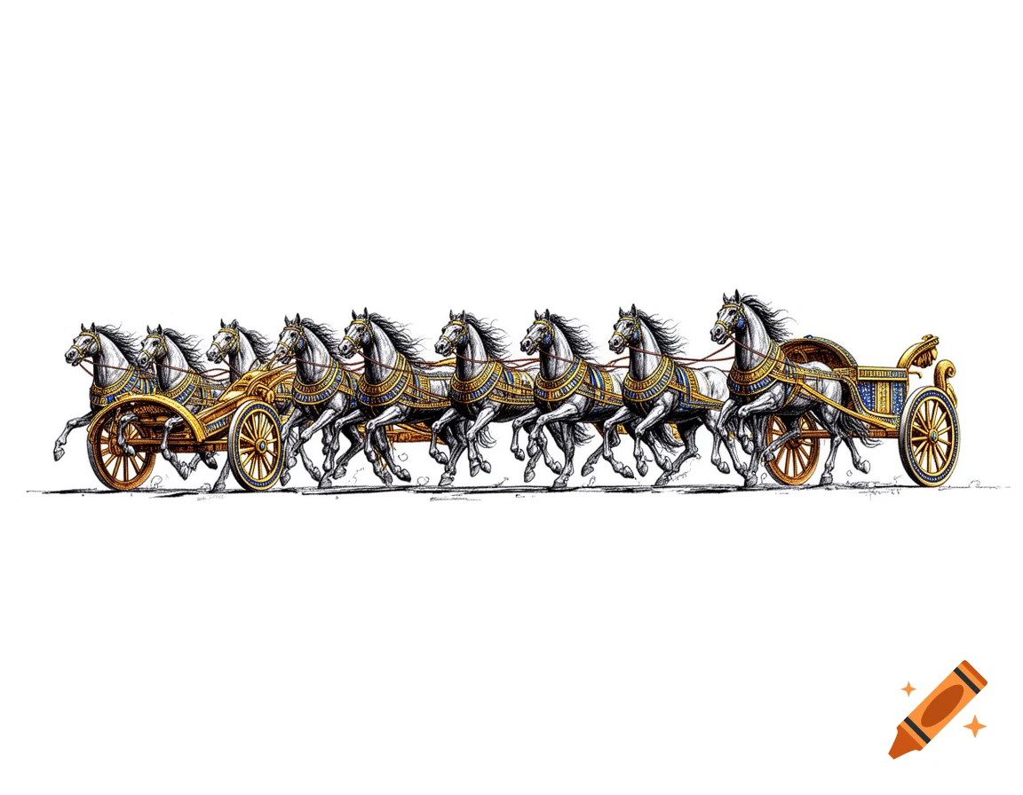 Seven ancient Egyptian war chariots, each pulled by two horses, advancing in an ink drawing style with color on a white background.