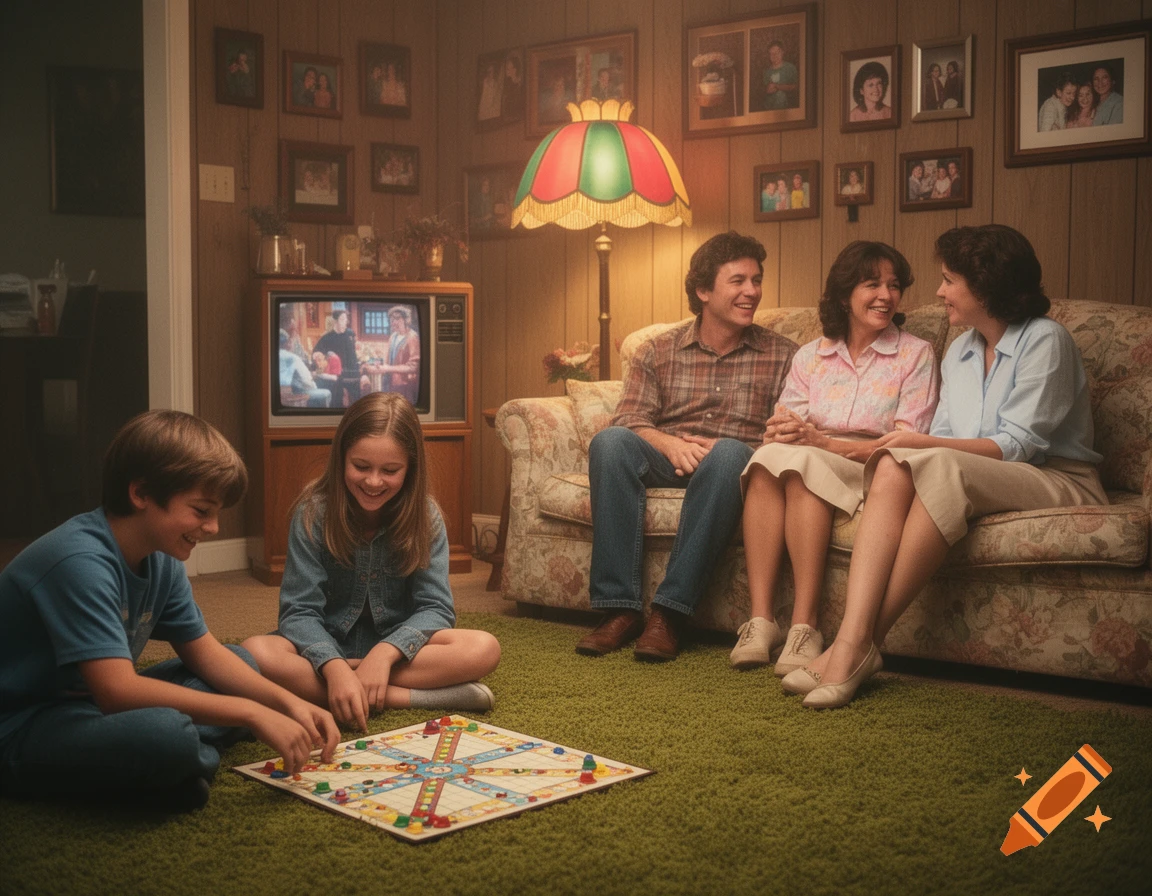 A happy family in an 80s living room, two kids play a board game on the green carpet while adults sit on the couch and talk.